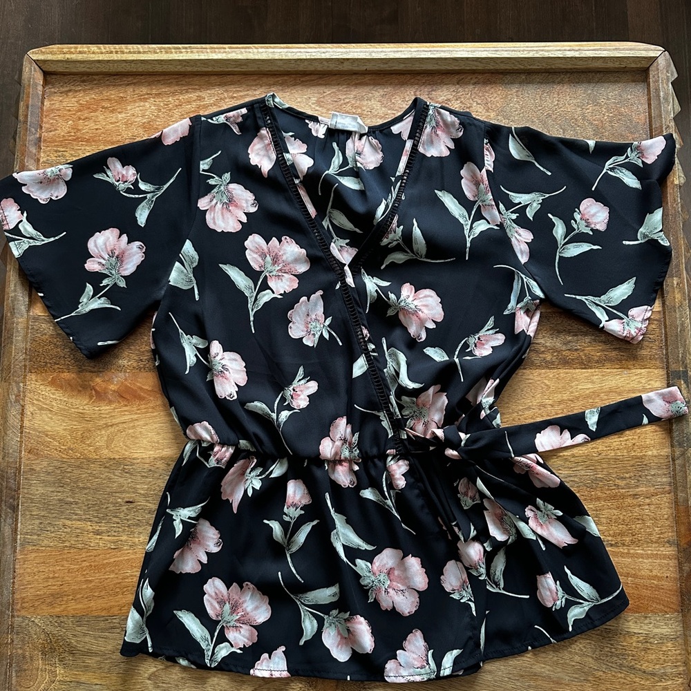 Sienna Sky Floral Wrap Tie Blouse with Flutter Sleeves